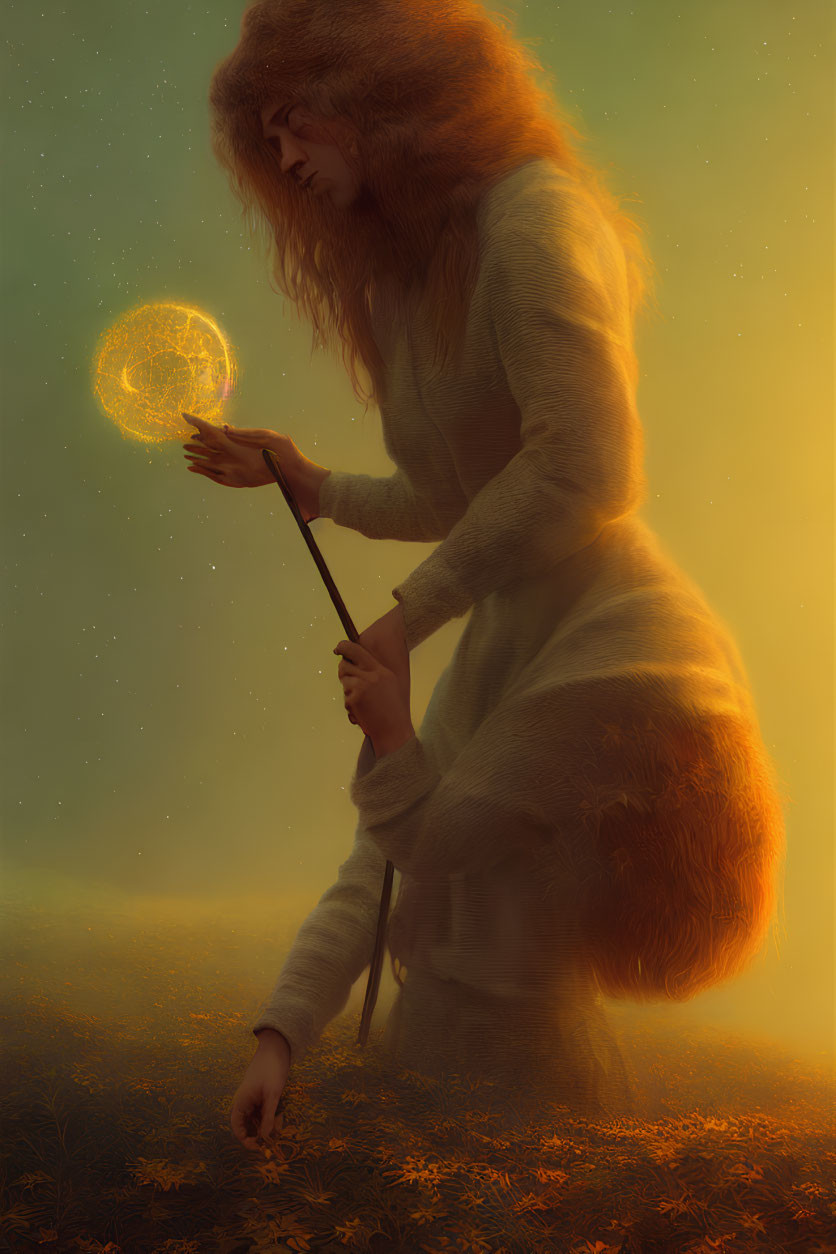 Fantastical lion-like creature with glowing orb in misty field