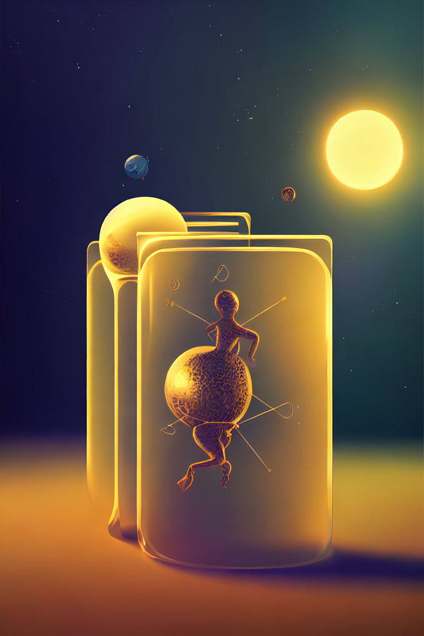 Translucent book with figure and glowing orbs on dark background