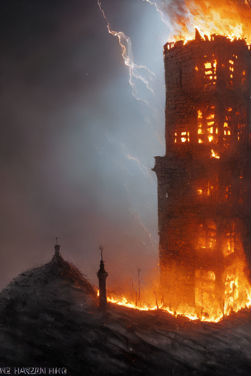 Towering burning castle in stormy sky with lightning