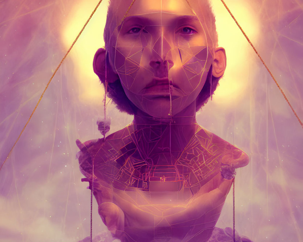 Surreal face with geometric lines, figure balancing scales, cradled in hand amidst clouds in