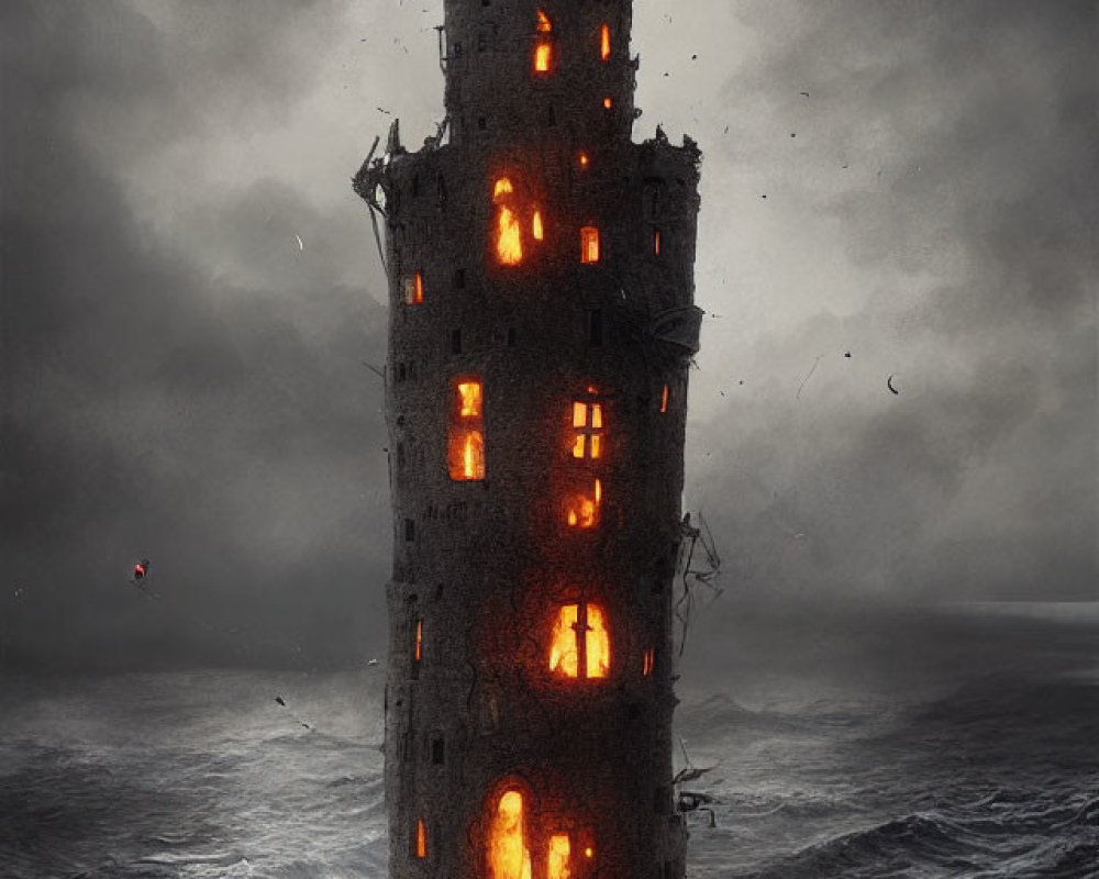 Dark tower engulfed in flames amidst turbulent sea waves and cloudy sky