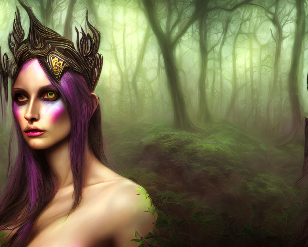 Mystical women with purple hair and ornate crowns in foggy forest