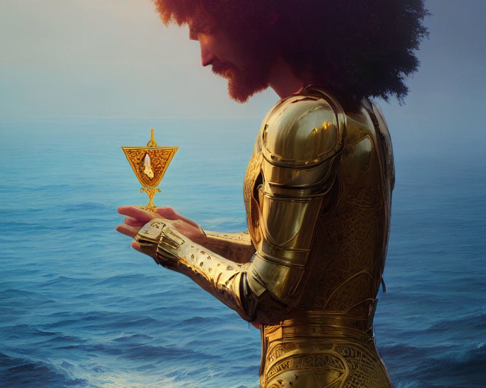 Golden-armored figure with glowing chalice by the ocean