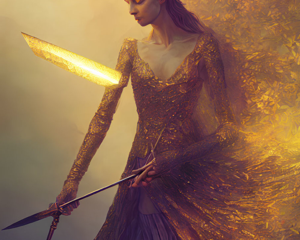 Regal figure with crown and glowing sword in golden gown against warm backdrop