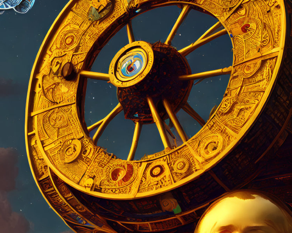 Gigantic ornate golden wheel with surreal landscape and spacecraft