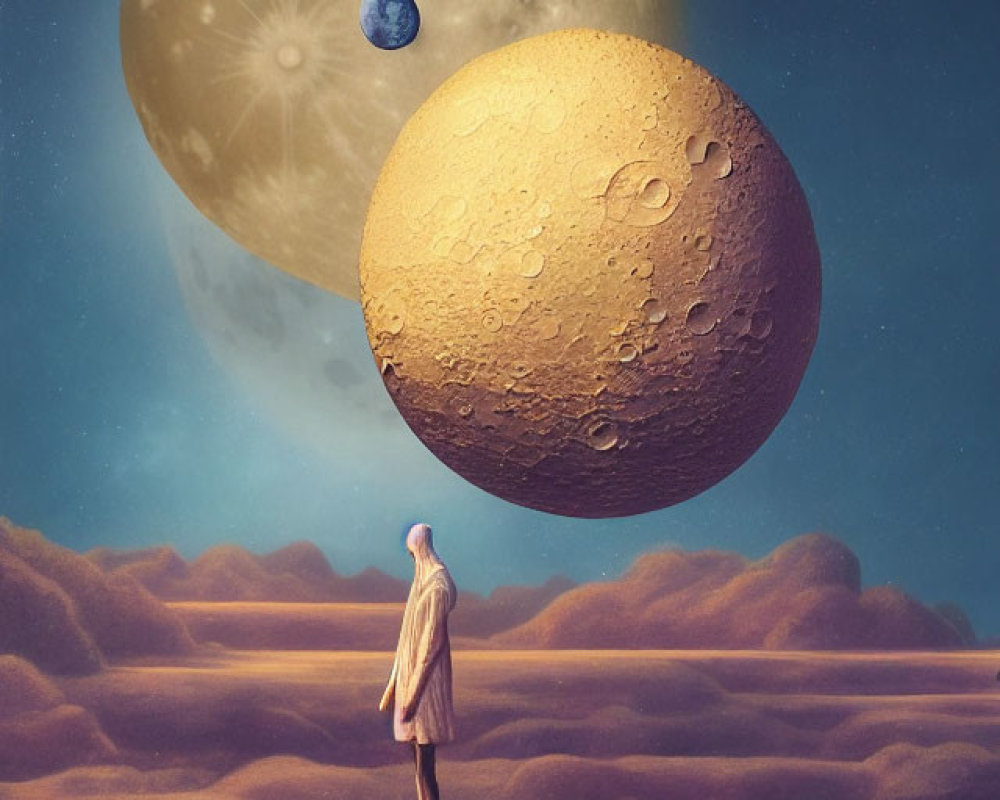 Person on surreal cloud landscape with large celestial bodies in dreamy sky