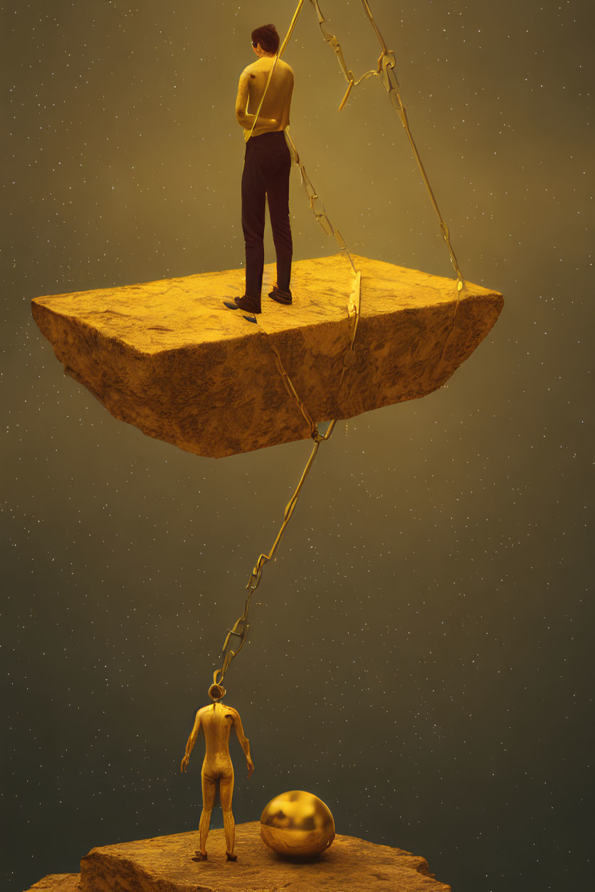 Man on Floating Rock Platform Connected by Chains to Lower Platform Against Starry Background