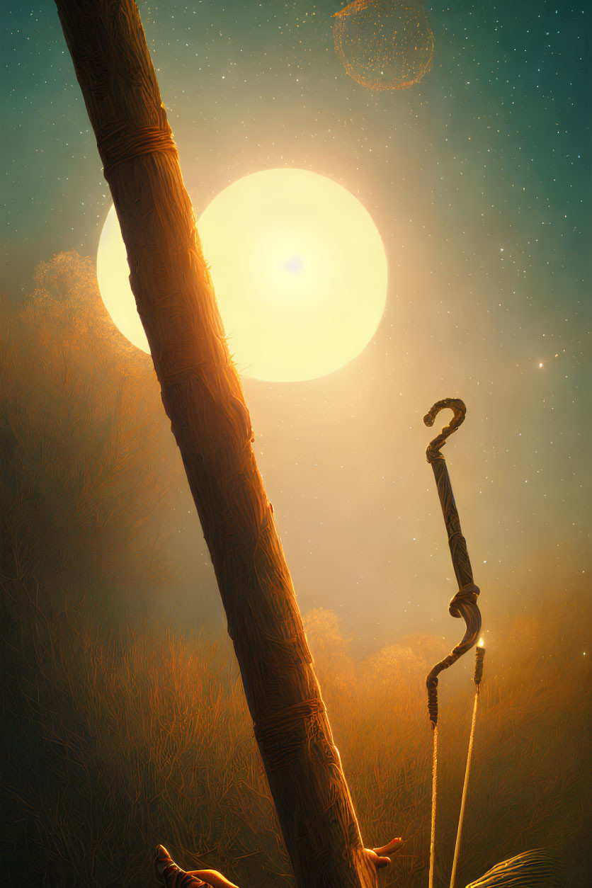 Mystical nighttime landscape with moon, stars, staff, and ropes