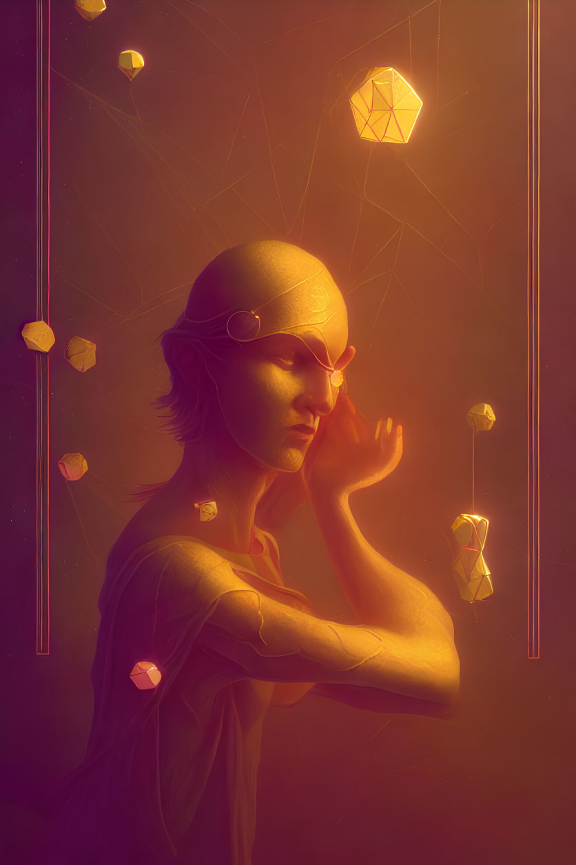 Contemplative figure with geometric shapes in warm light