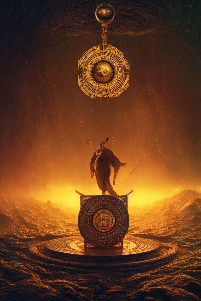 Warrior on circular platform gazes at floating golden orb in fiery landscape