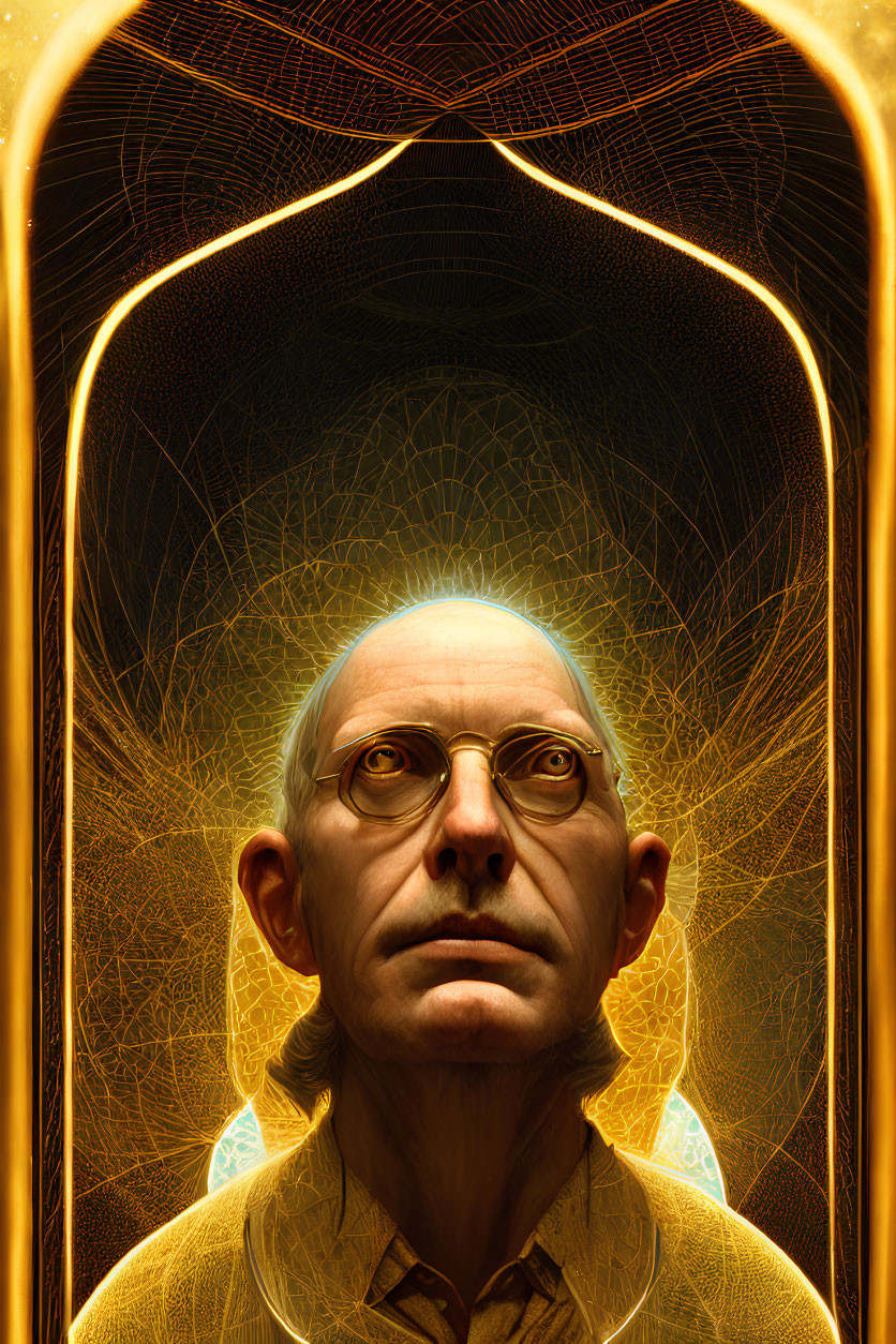 Hyper-realistic portrait of balding man with glasses under luminous golden arch