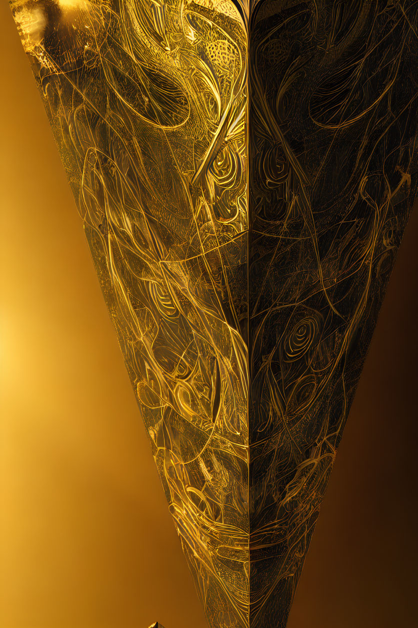 Golden fractal patterns with mysterious eye-like figure on dark background