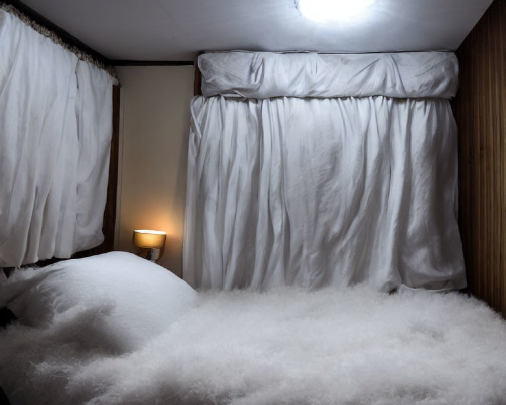 Dimly Lit Bedroom with Snow-Covered Bed and Wooden Walls