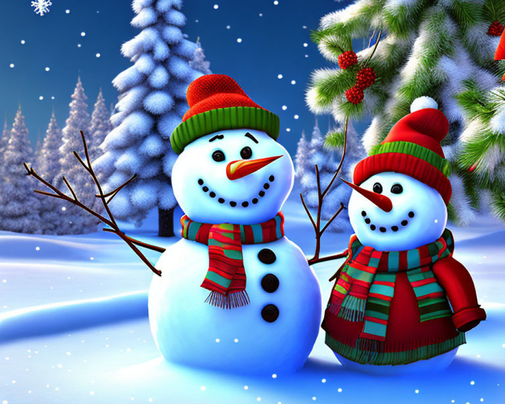 Cheerful snowmen with winter attire by snowy pine tree at night