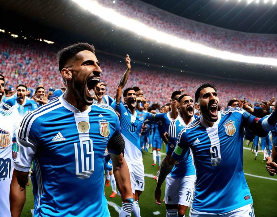 Soccer players in blue and white jerseys celebrating victory on field with cheering fans.