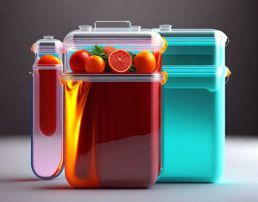 Colorful Translucent Airtight Containers with Fresh Tomatoes and Oranges