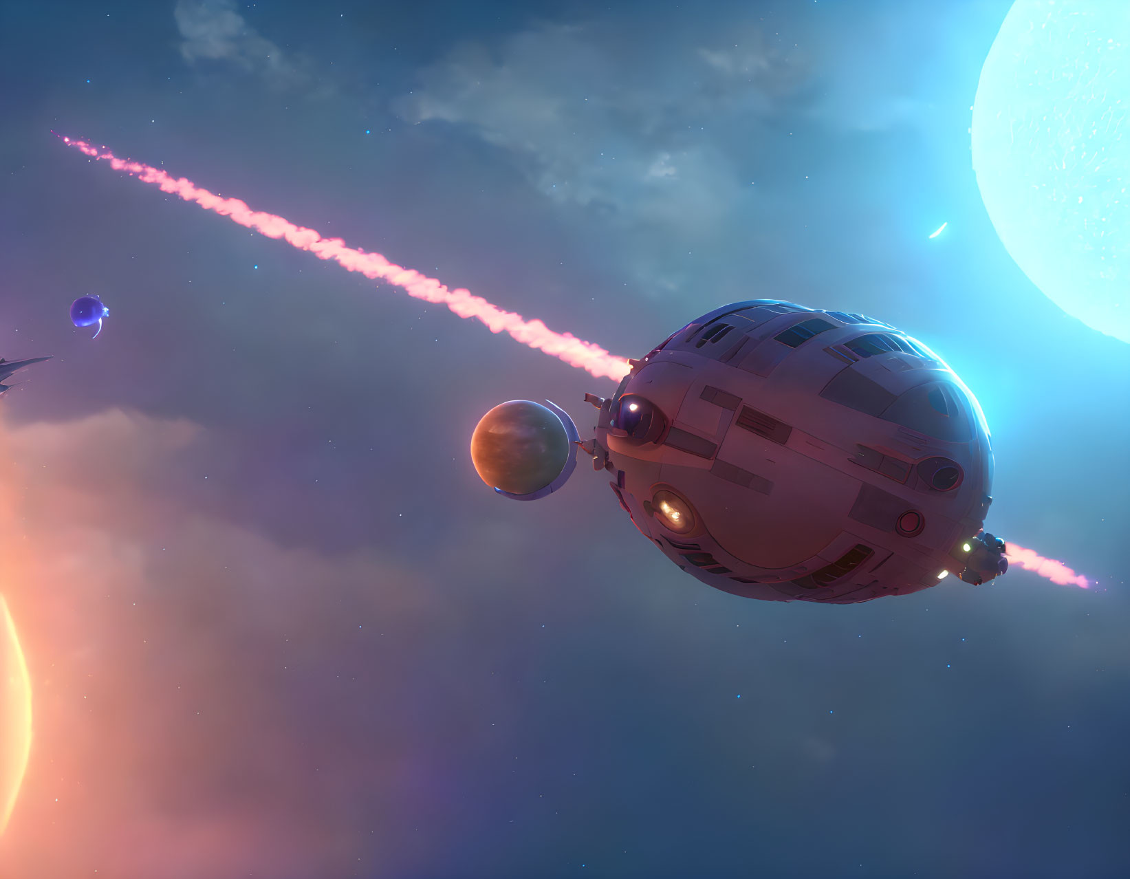 Spherical spaceship with beams near blue planet and moon in space