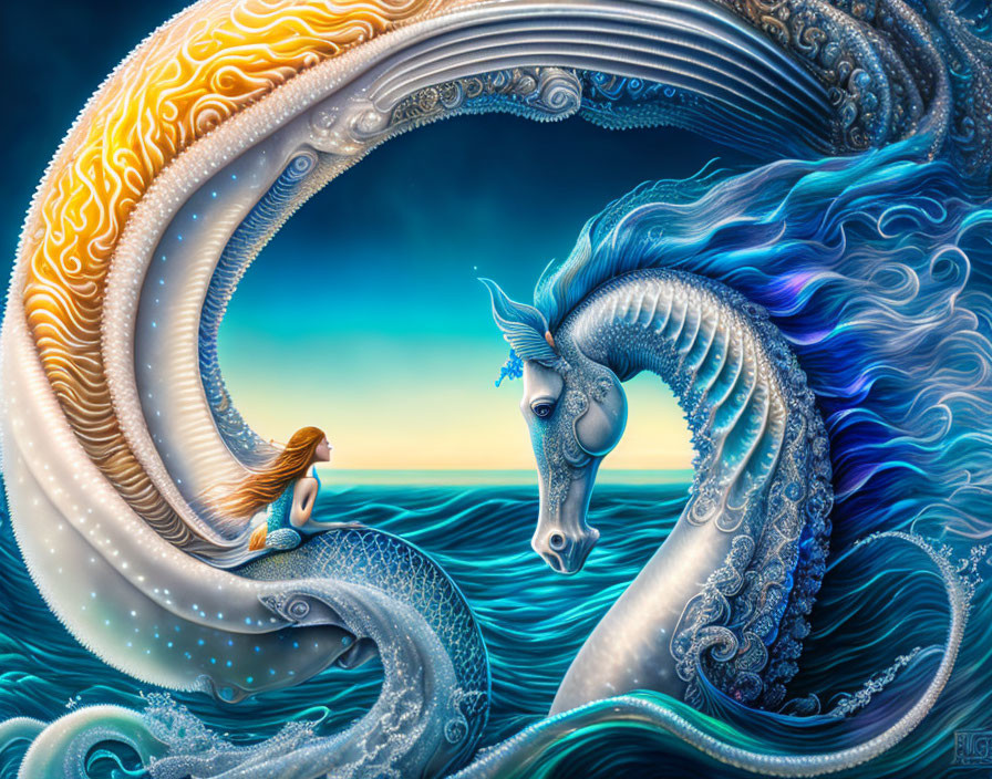 Majestic horse emerging from woman on wave in fantastical painting