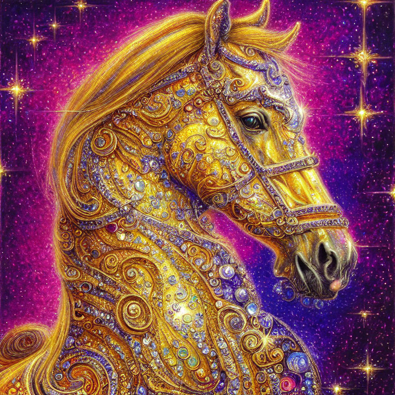 Golden Ornate Horse with Gemstone Embellishments on Purple Starry Background