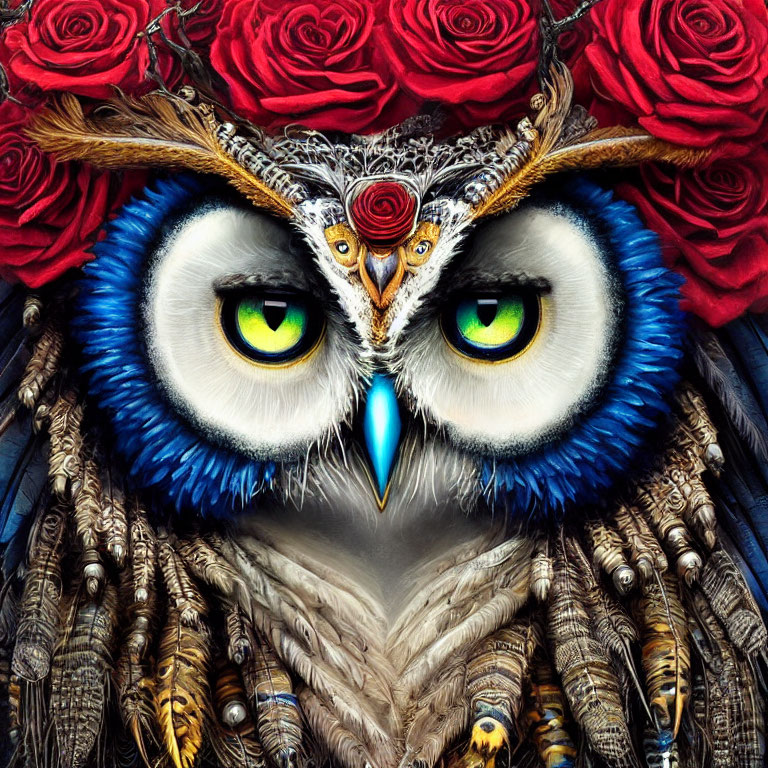 Vibrant digital artwork featuring owl with green eyes and rose details