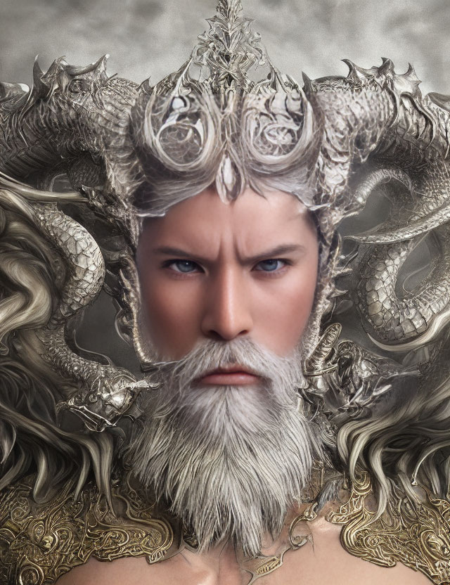 Regal figure in silver crown and dragon-like armor with grey beard and blue eyes