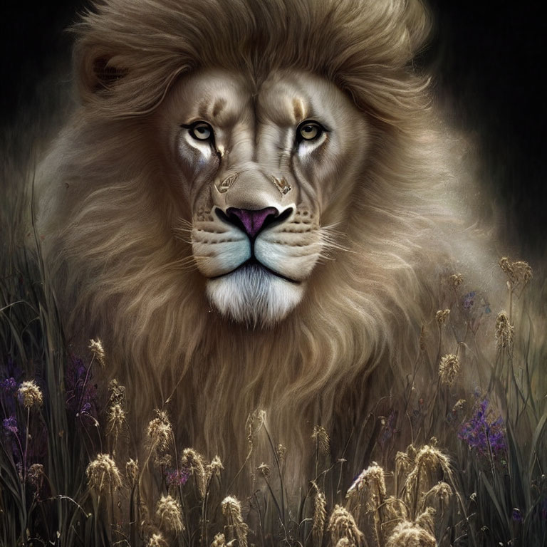 Majestic lion with lush mane in dark setting with tall grass and purple wildflowers