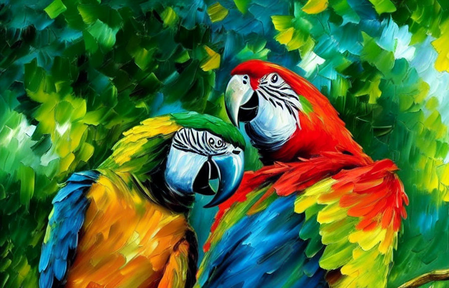 Colorful Macaws Nestled Together in Vibrant Painting