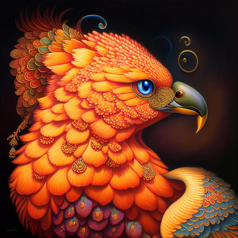 Colorful mythical bird with orange feathers and intricate patterns.