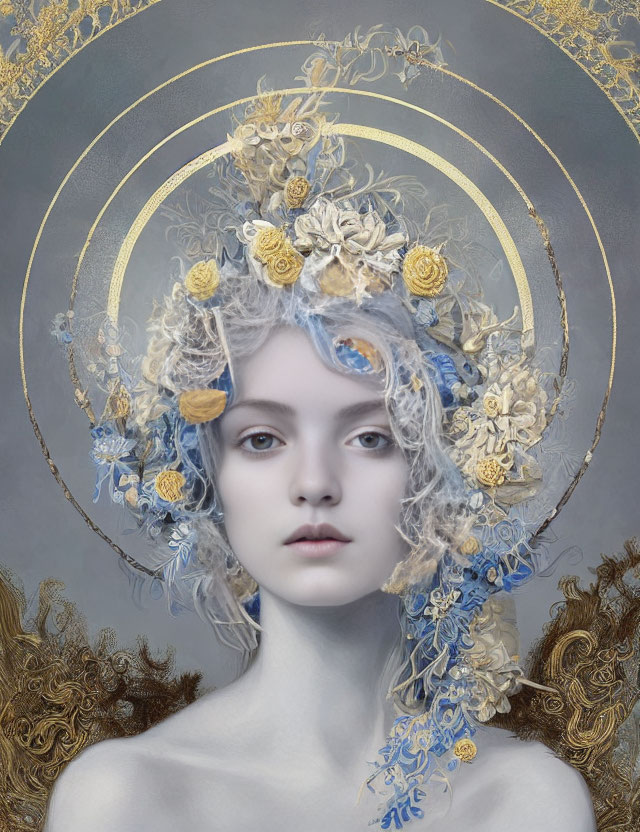 Pale-skinned woman with halo and floral headpiece in gold, blue, and white palette