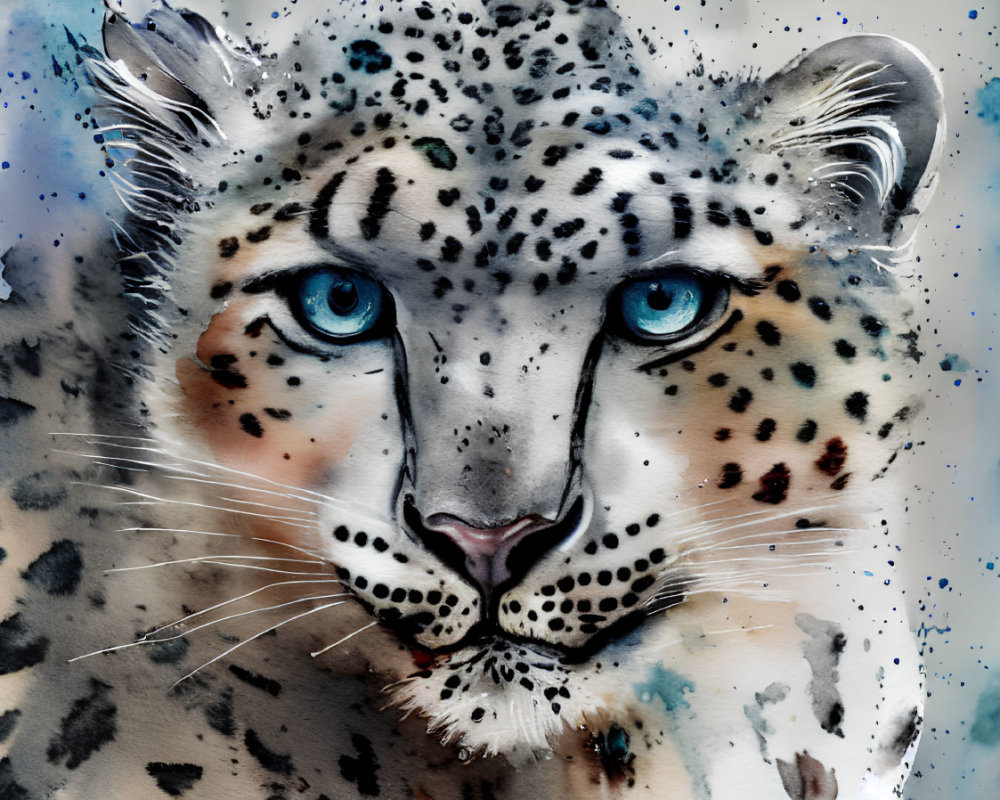 Snow leopard digital artwork: Blue-eyed feline with intricate fur patterns on splattered background