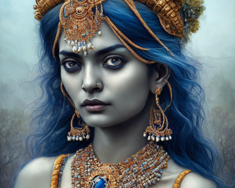 Blue-skinned woman with gold jewelry and intense gaze on muted background.