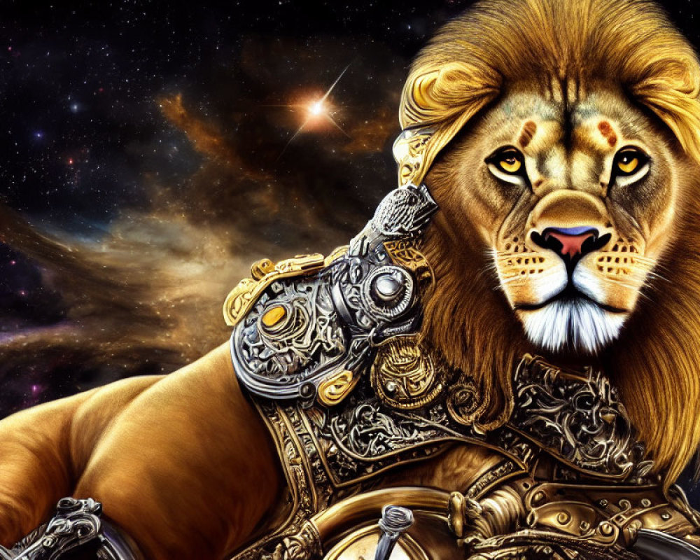 Majestic lion in armor against starry space