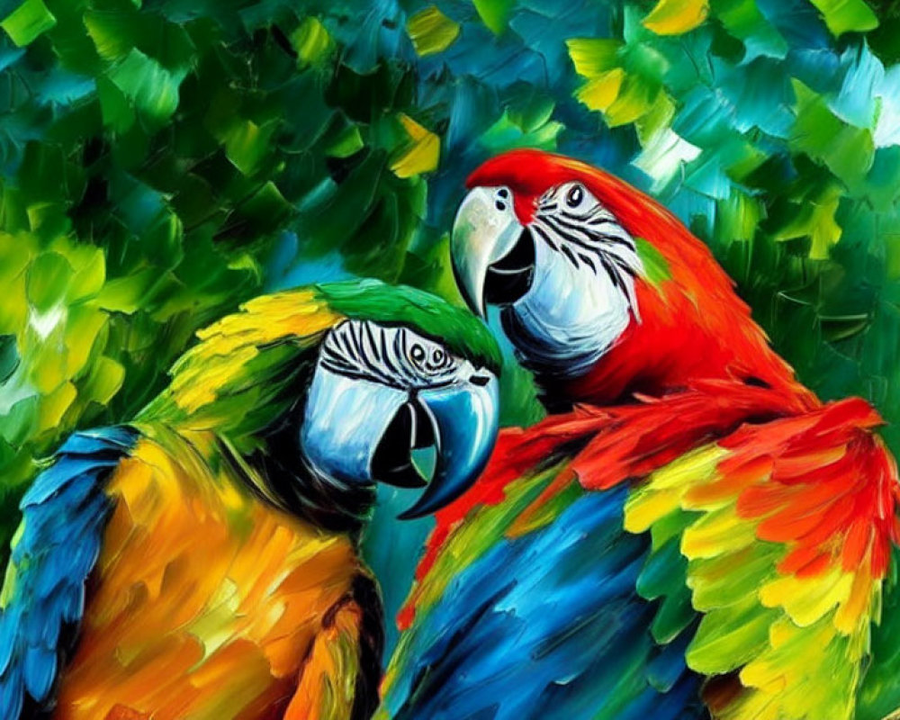 Colorful Macaws Nestled Together in Vibrant Painting