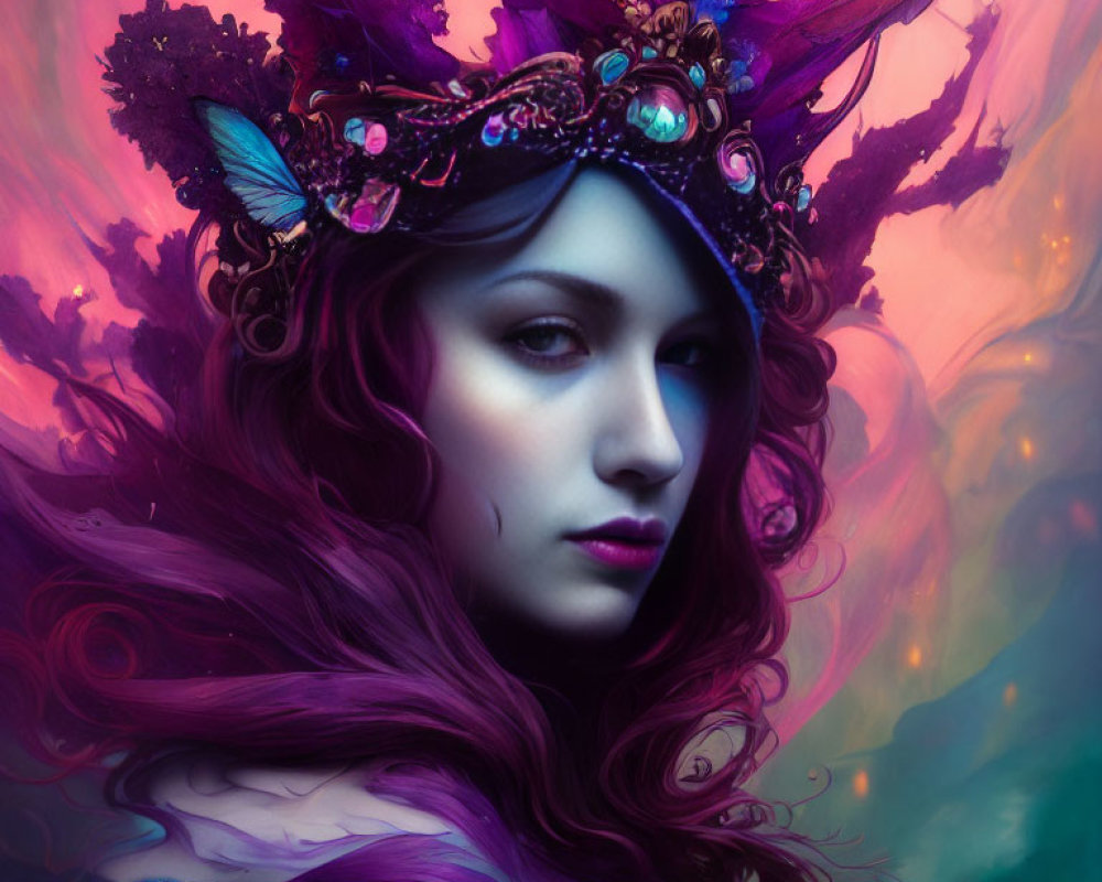 Purple-haired woman with butterfly crown in mystical setting