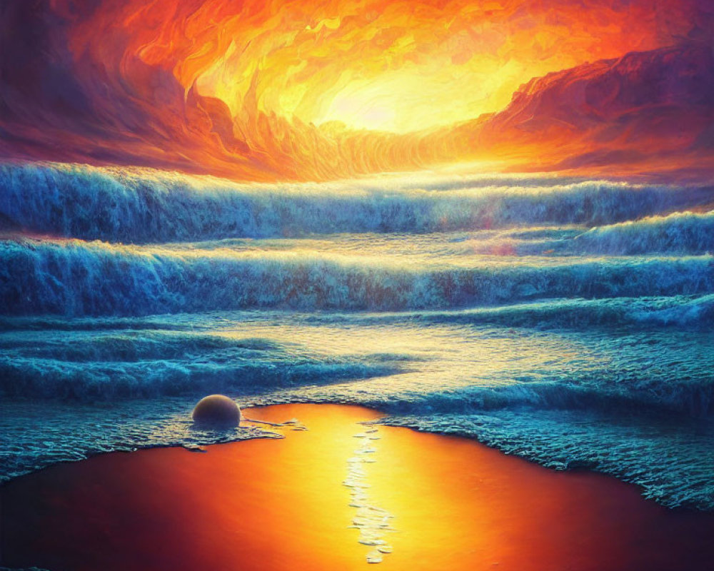 Surreal landscape with fiery orange sky and blue sea blending.