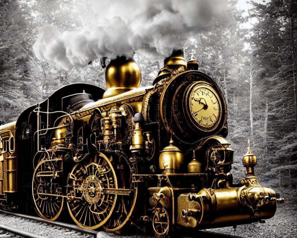 Vintage steam locomotive with golden detailing in monochrome forest