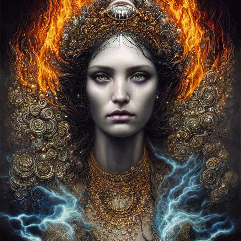 Digital artwork: Woman with ornate golden headgear and fiery blue elements.