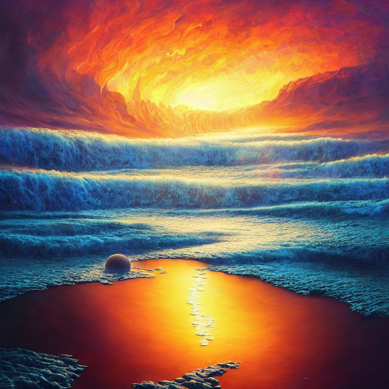 Surreal landscape with fiery orange sky and blue sea blending.