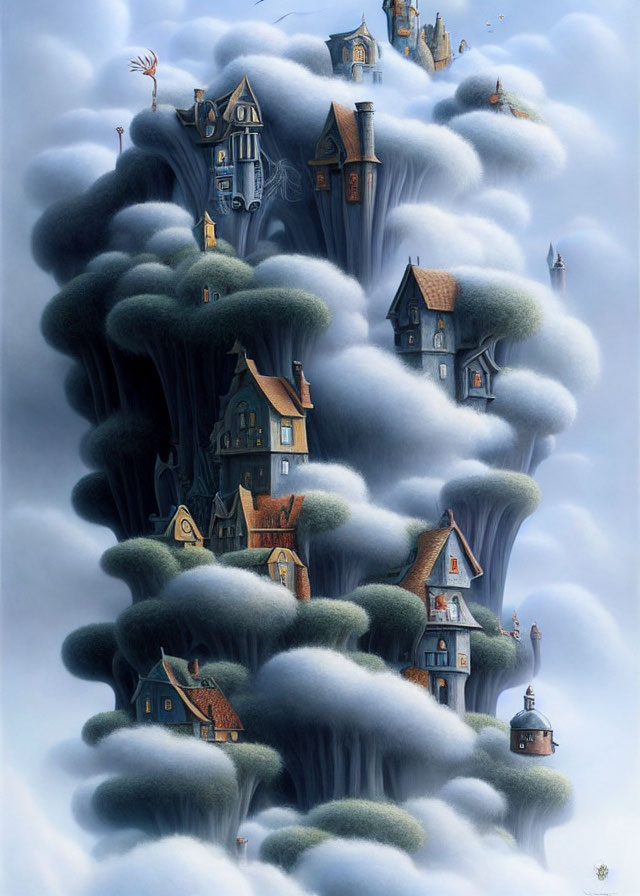 Whimsical houses on fluffy clouds with trees and pathways