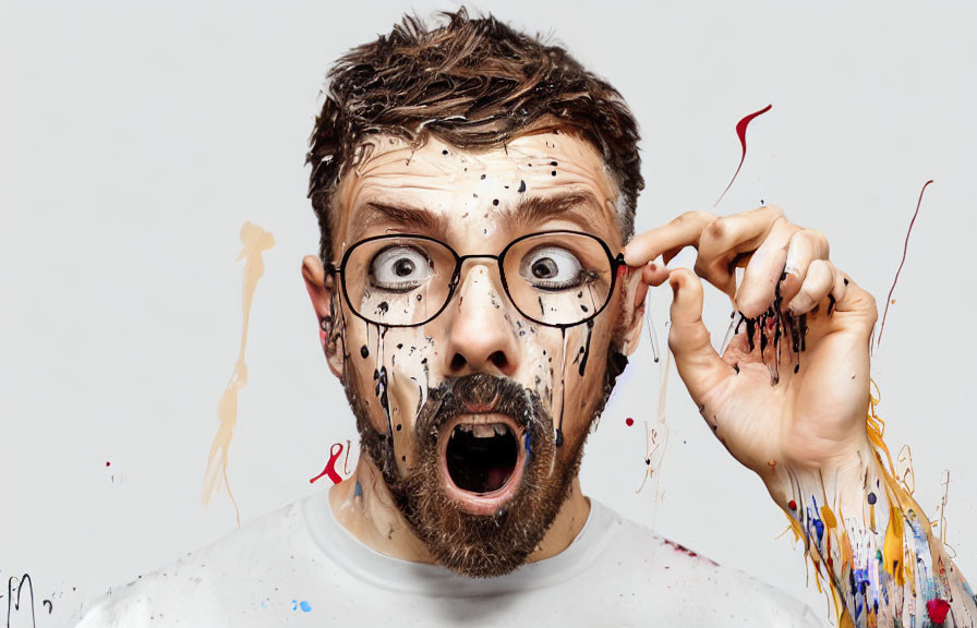 Man with messy hair, paint splatters, glasses, and white t-shirt looking surprised