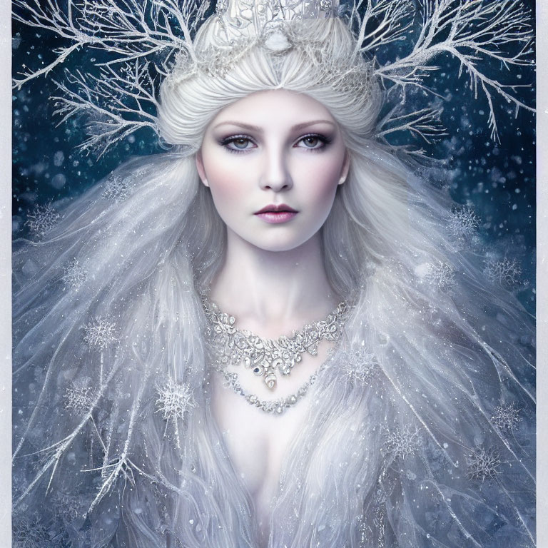 Pale woman with white hair and crown, crystal necklace, snowflakes.