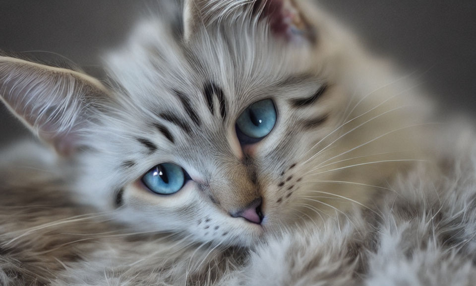 Fluffy Gray and White Cat with Blue Eyes and Serene Expression