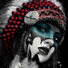 Person with Dramatic Red, Black, and White Face Paint and Feathered Headdress