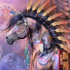 Colorful Native American-inspired regalia on a horse with ornate bridle