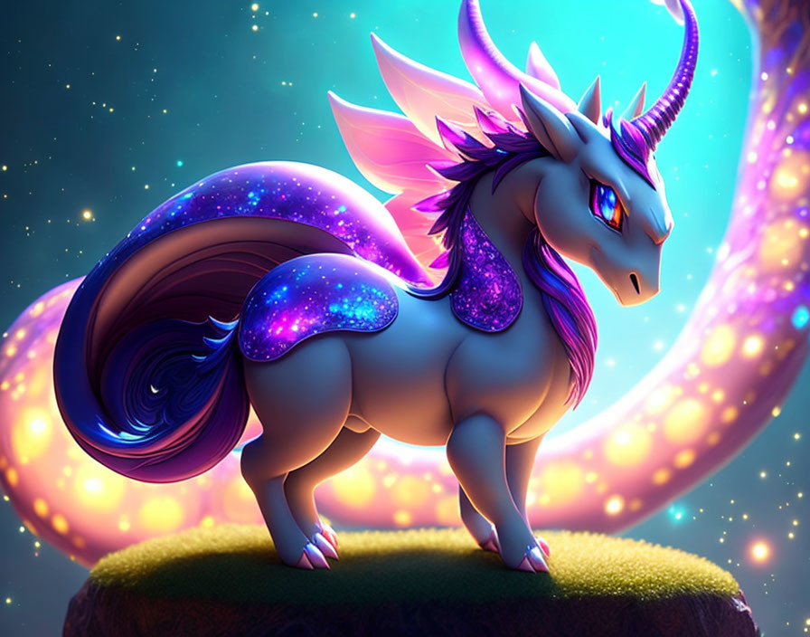 Fantasy unicorn with galaxy-themed mane and tail on cosmic backdrop