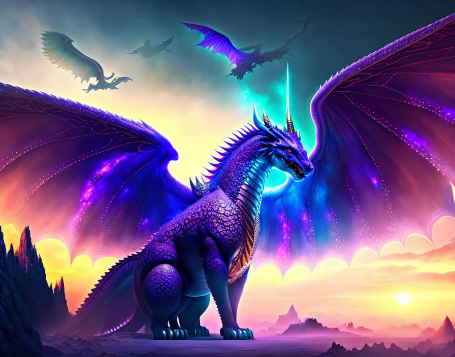 Majestic blue dragon in fantastical sunset landscape with flying dragons