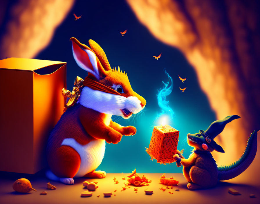 Whimsical oversized rabbit and dragon in golden armor with dice in fantasy cave.