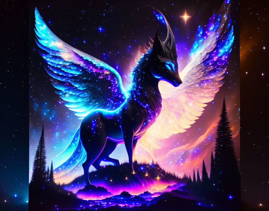 Glowing-winged creature with unicorn horn in starry night sky