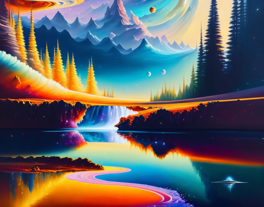 Colorful Sky and Celestial Landscape with Aurora Lights, Pine Trees, River