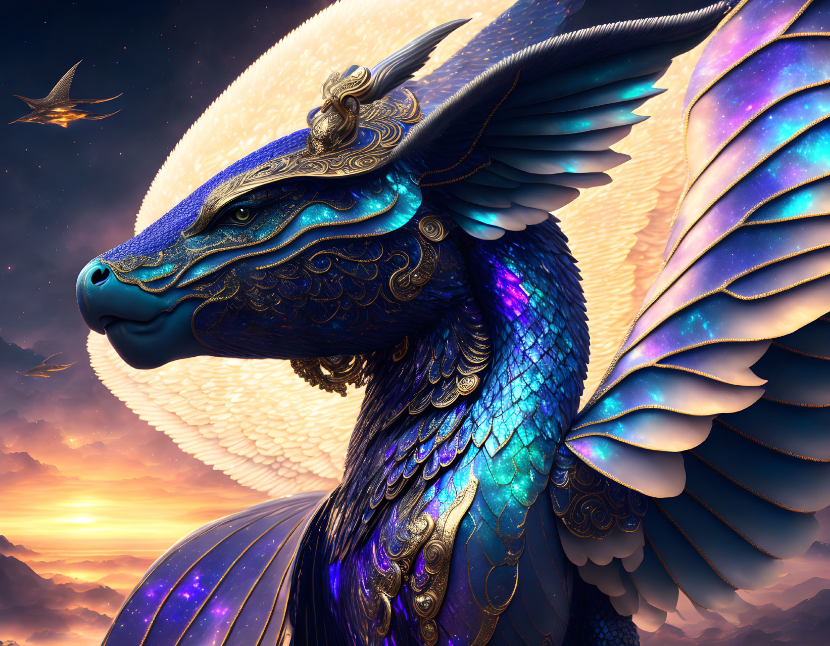 Detailed Blue Dragon with Golden Accents in Dramatic Sunset Sky